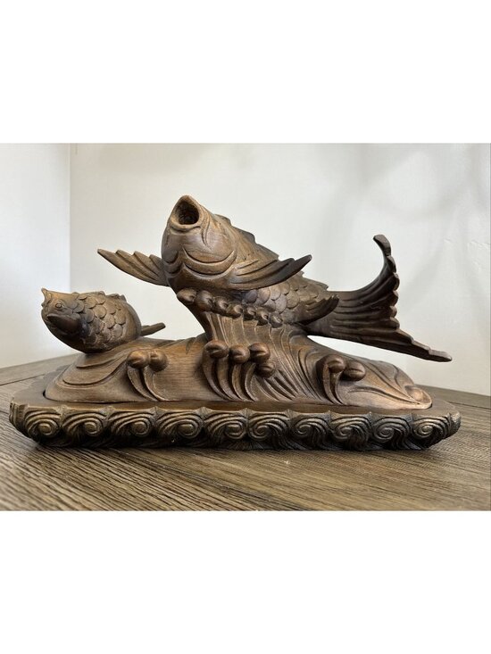 unbranded Other - Smoking Carp Leaping Over The Dragon Gate Boxwood Hand Carved Vtg Decor Candle